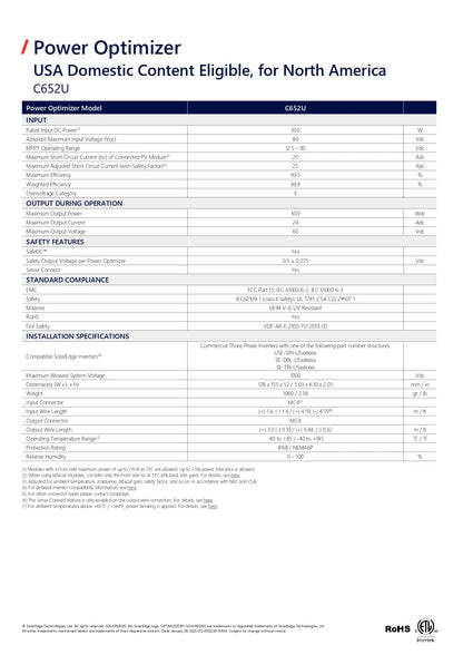 A technical specification sheet for the Power Optimizer USA Domestic Content Eligible, model C652U, showing a table with rows for input, output during operation, safety features, standard compliance, and installation specifications.