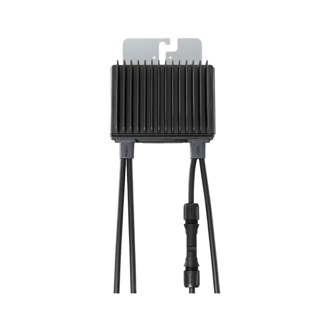 A black rectangular electronic module with a ribbed heat sink, a gray mounting tab on top, and three black cables extending downward, including one with a connector, shown on a plain white background.