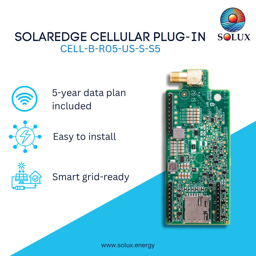 A green electronic plug-in board labeled SOLAREdge Cellular Plug-In, shown on a white and blue promotional graphic with Solux branding and feature icons for 5-year data plan, easy installation, and smart grid readiness.