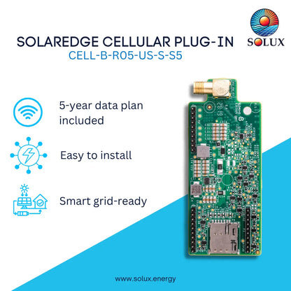 A green electronic plug-in board labeled SOLAREdge Cellular Plug-In, shown on a white and blue promotional graphic with Solux branding and feature icons for 5-year data plan, easy installation, and smart grid readiness.