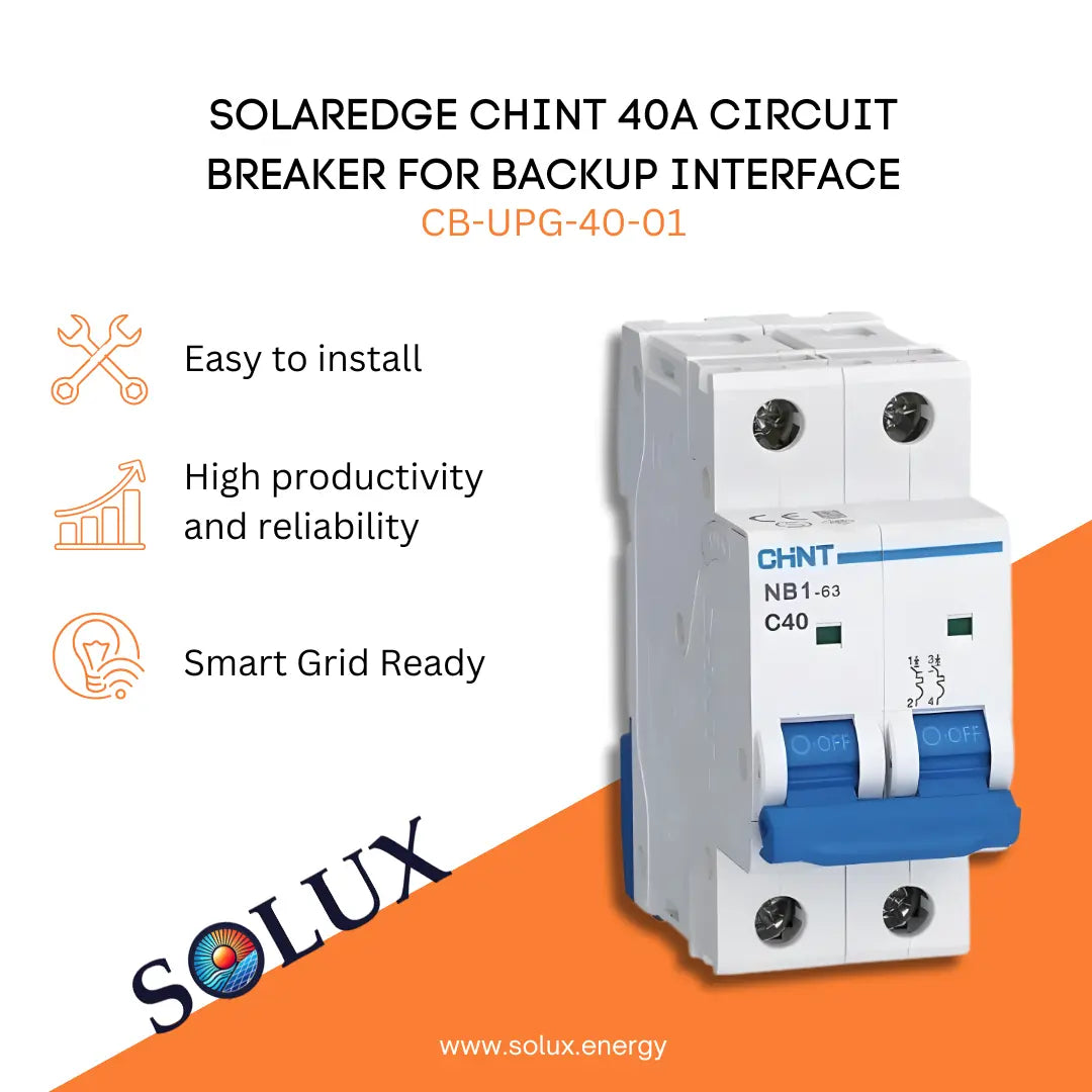 SolarEdge Chint Circuit Breaker 40A For Backup Interface (CB-UPG-40-01) marketing graphic featuring a white and blue dual-pole CHINT NB1-63 C40 circuit breaker, displayed with icons for installation ease and system reliability.
