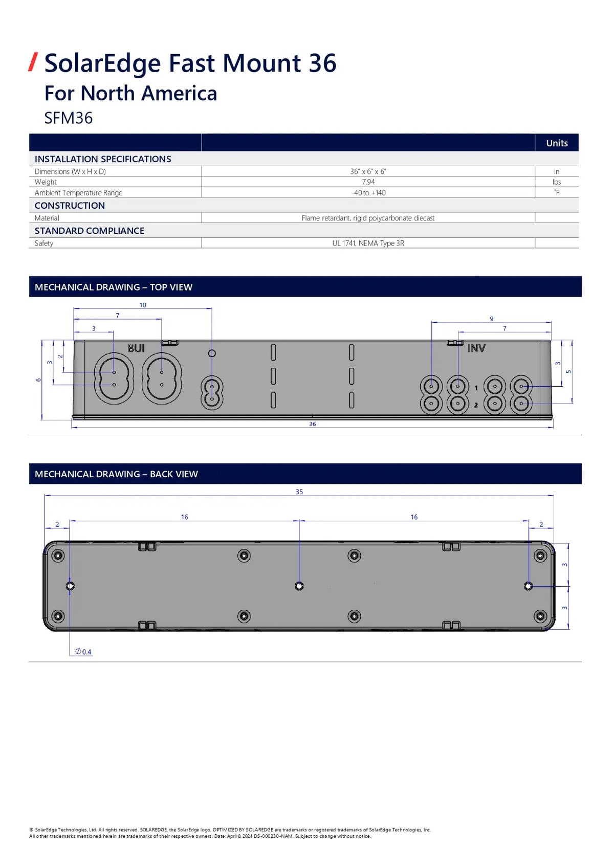 Technical specification sheet and dimensional drawings for the SolarEdge Fast Mount 36 (SFM36) for North America, showing installation specs and top/bottom mechanical views with measurements.
