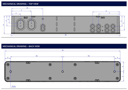 Technical mechanical drawing showing top and back views of a rectangular electronic device with dimension labels, ports, and mounting points on a white background.