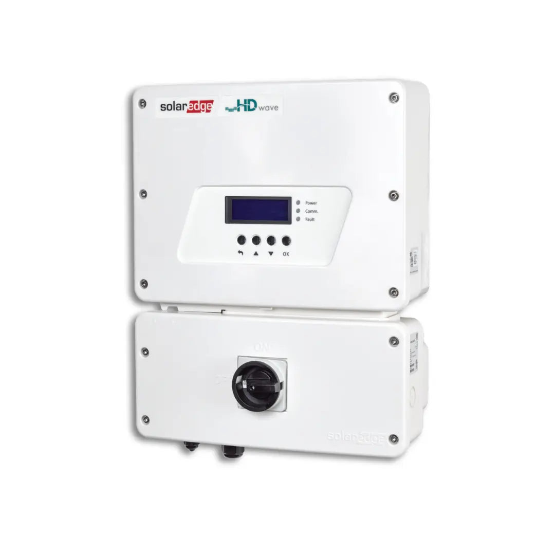 A white SolarEdge HD inverters stacked unit, featuring a top control box with a small blue LCD screen and bottom electrical box with a round terminal connector, shown on a plain white background.
