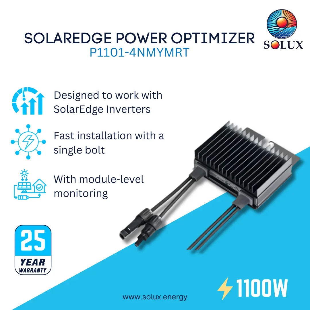 Solaredge Power Optimizer P1101-4NMYMR solar inverter module by Solux, shown on a white and blue promotional background with feature icons and a 2-year warranty badge.