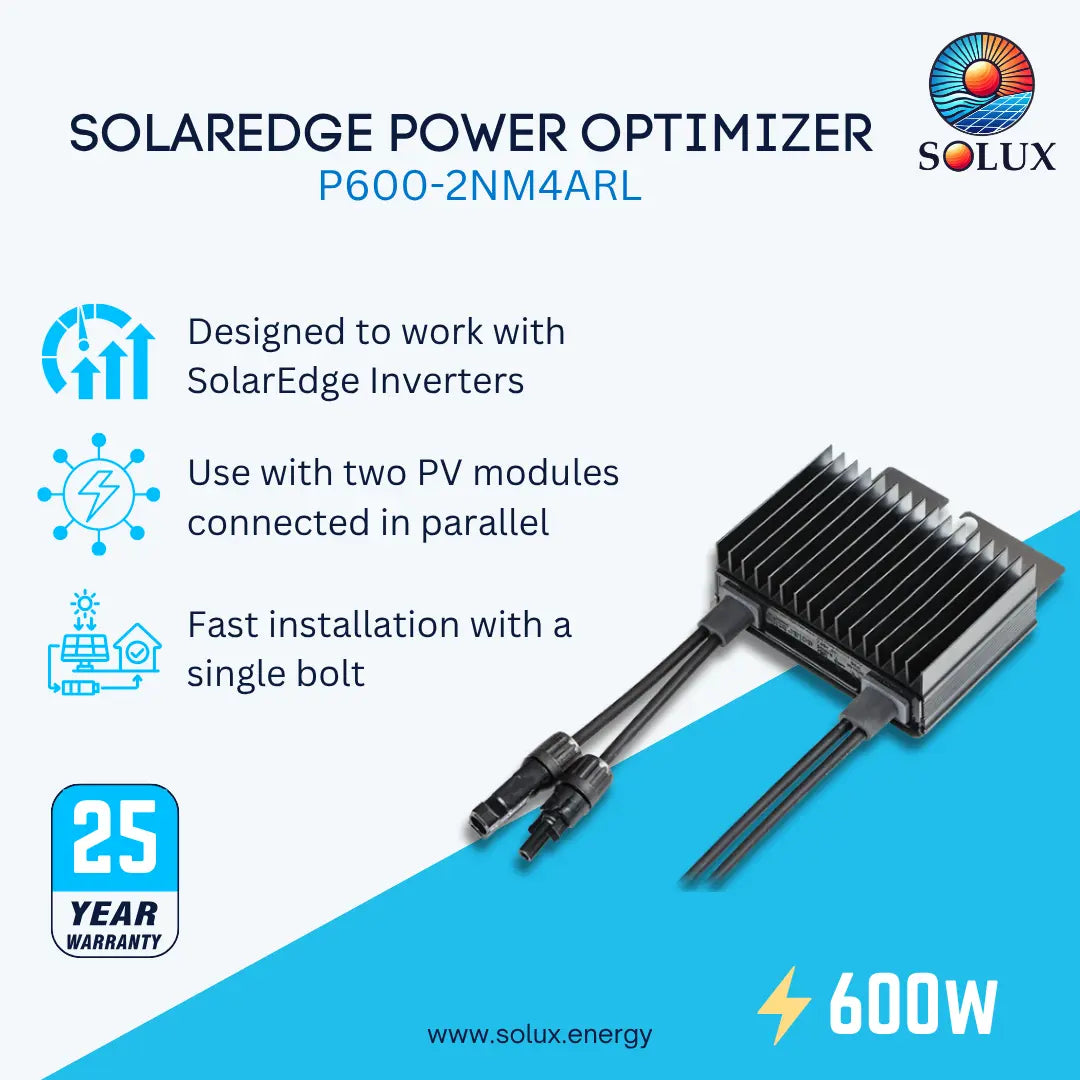 A promotional product graphic for the Solaredge Power Optimizer P600-2NM4ARL by Solux, showing the black cooling heatsink and attached cables on a white and blue background with feature callouts and a 2-year warranty badge.