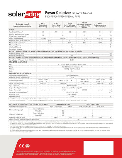 A technical specification sheet for the SolarEdge Power Optimizer for North America (P600/P100/P120/P160/P320/P480), featuring a detailed table of electrical ratings, installation specifications, and PV system design comparisons on a white page with a red footer.