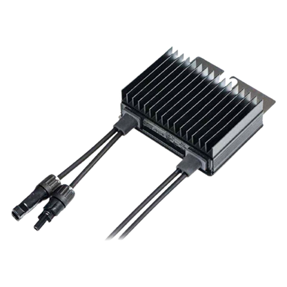 A black rectangular electronic module with a ribbed metal heatsink and attached cables with connector ends, shown on a plain white background.