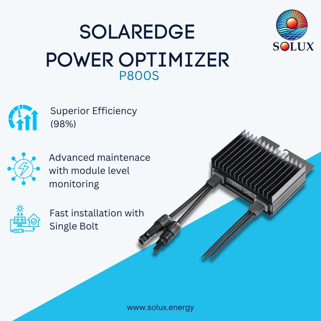 A promotional graphic for the Solaredge Power Optimizer P800S by Solux, showing a black and gray solar power module with attached cables on a light blue and white background with feature callouts.