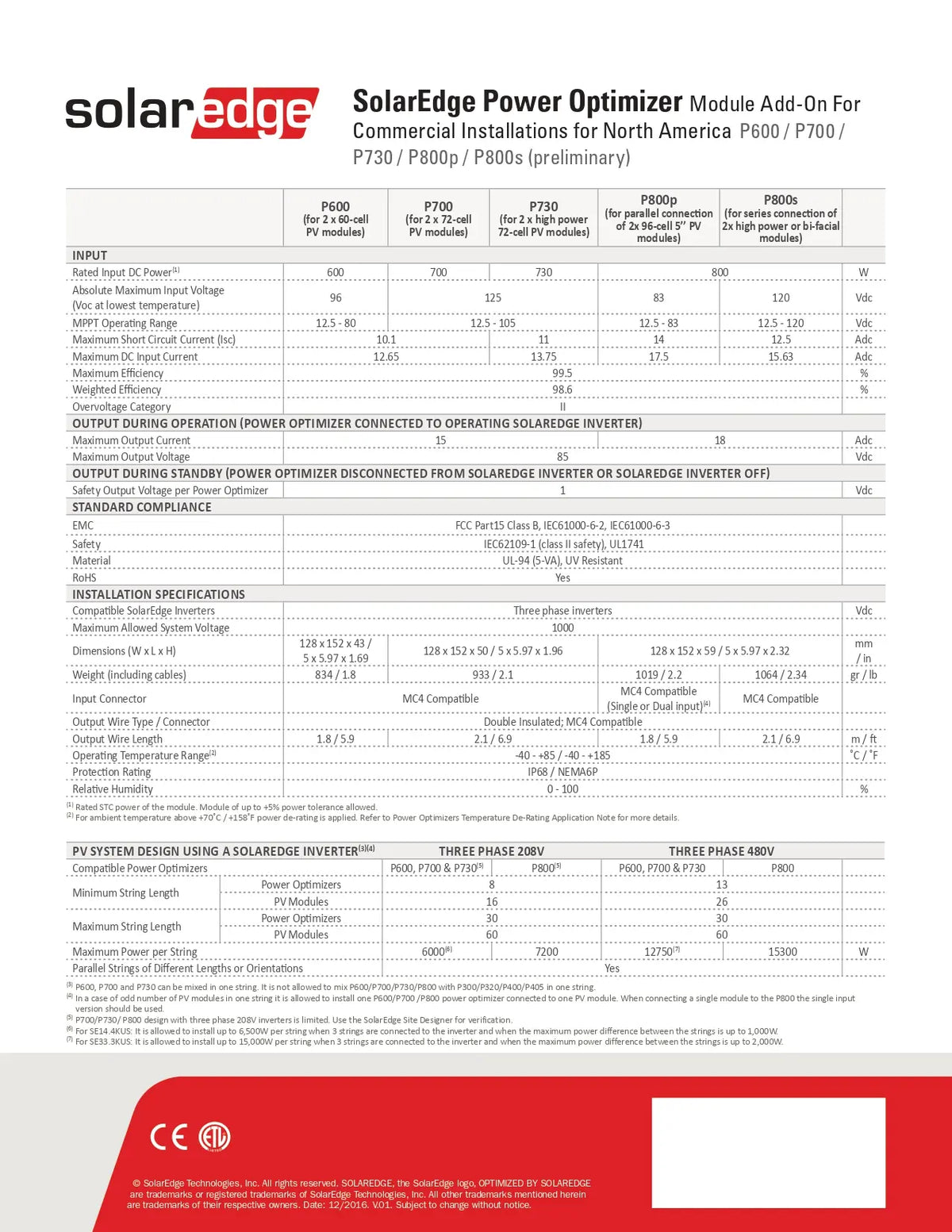 A technical specification and installation datasheet for the SolarEdge SolarEdge Power Optimizer Module, showing compatibility tables, electrical specifications, and installation notes for P600, P720, P900, and P1000 inverters.