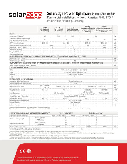 A technical specification and installation datasheet for the SolarEdge SolarEdge Power Optimizer Module, showing compatibility tables, electrical specifications, and installation notes for P600, P720, P900, and P1000 inverters.