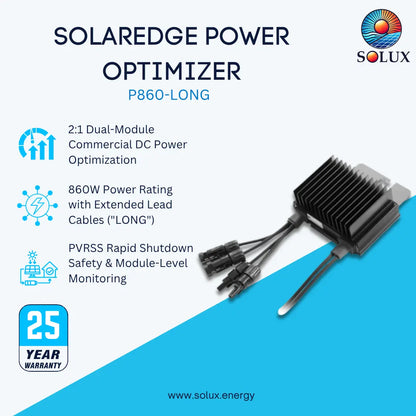 Promotional graphic for the Solaredge Power Optimizer P860-Long by Solux Energy, showing a black dual-module commercial DC power optimizer with extended cables on a white and blue background with feature callouts and a 25-year warranty badge.