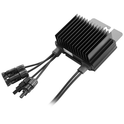 A black solar inverter or controller module with a ribbed heat sink, attached cables, and multiple electrical connectors, shown on a plain white background.