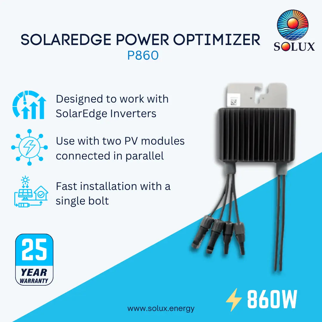 Solaredge Power Optimizer P860 by Solux, a 860W black metal power module with multiple output cables, shown on a light blue and white background with product features and a 25-year warranty badge.