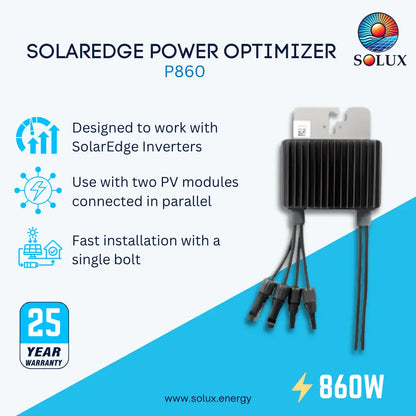 Solaredge Power Optimizer P860 by Solux, a 860W black metal power module with multiple output cables, shown on a light blue and white background with product features and a 25-year warranty badge.