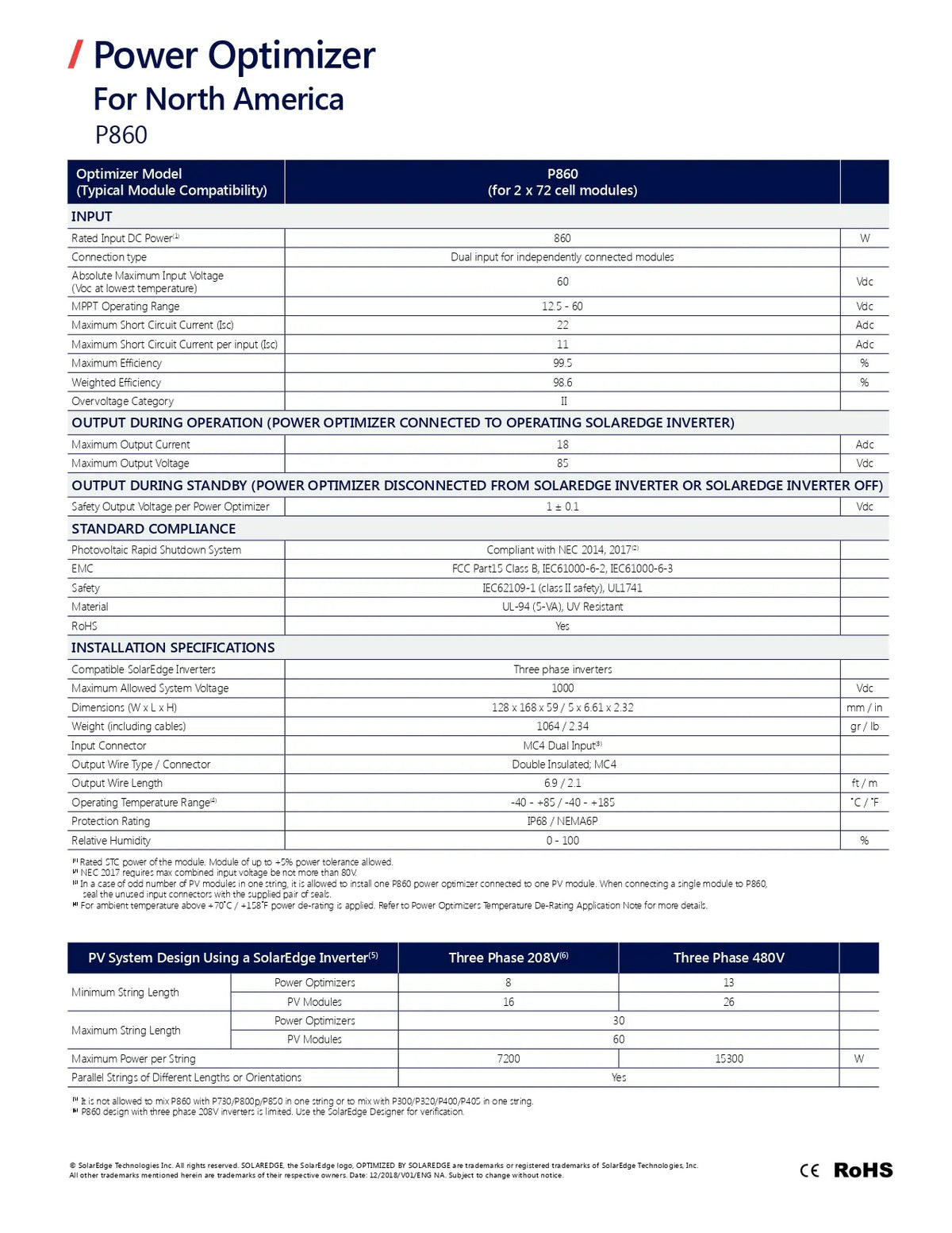 A technical specification sheet for the Power Optimizer for North America P860, showing compatibility tables, input/output specifications, installation specifications, and RoHS compliance information.
