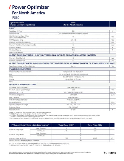 A technical specification sheet for the Power Optimizer for North America P860, showing compatibility tables, input/output specifications, installation specifications, and RoHS compliance information.
