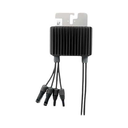 A black rectangular electronic module with a ribbed metal heat sink, a gray mounting bracket attached at the top, and four black cables extending from the bottom, shown on a plain white background.