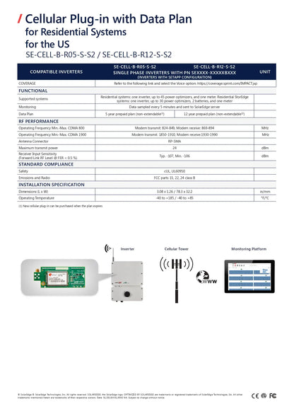 Technical specification sheet for the SE-Cell-B-R05-S-2 single phase inverter, showing a table of functional and performance specifications alongside product diagrams of the inverter, cellular tower, and monitoring platform.