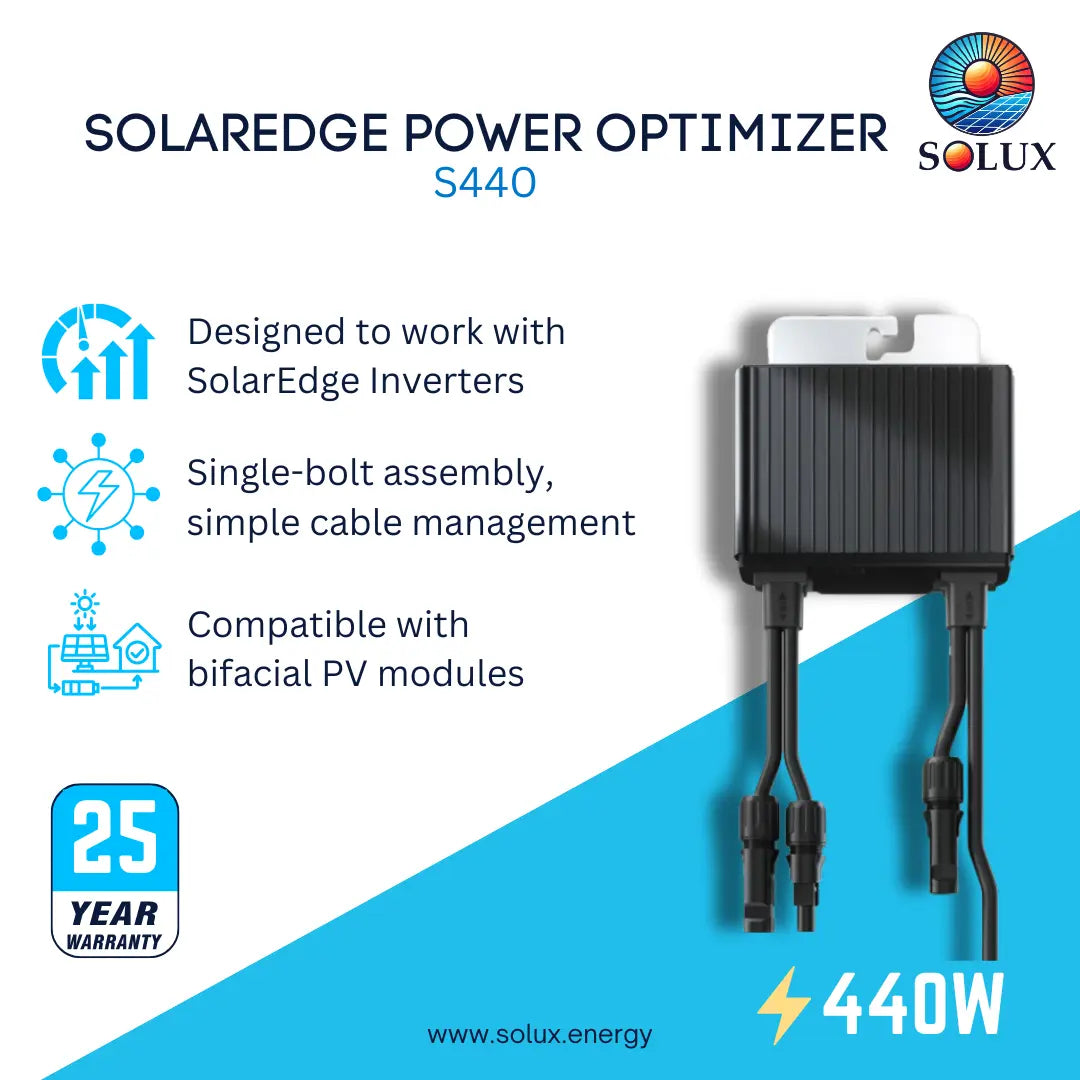 Solaredge Power Optimizer S440 solar inverter adapter by Solux, shown on a white and blue promotional graphic with feature icons and a 2-year warranty badge.
