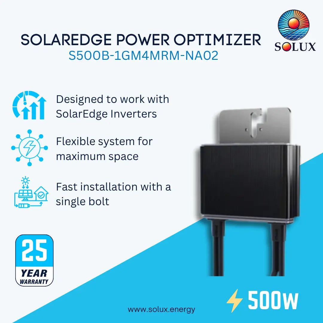 Solaredge Power Optimizer S500B-1GM4MRM-NA02 solar cable adapter with a black and silver housing, shown on a light blue and white background with product features, a 25-year warranty badge, and the Solux brand logo.
