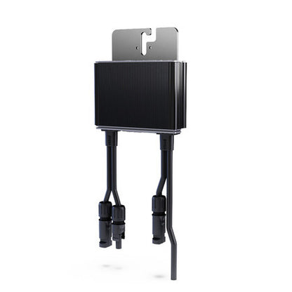 A black rectangular electronic device with a ribbed front panel, a silver metal mounting bracket on top, and two black cable connectors hanging below, shown on a plain white background.