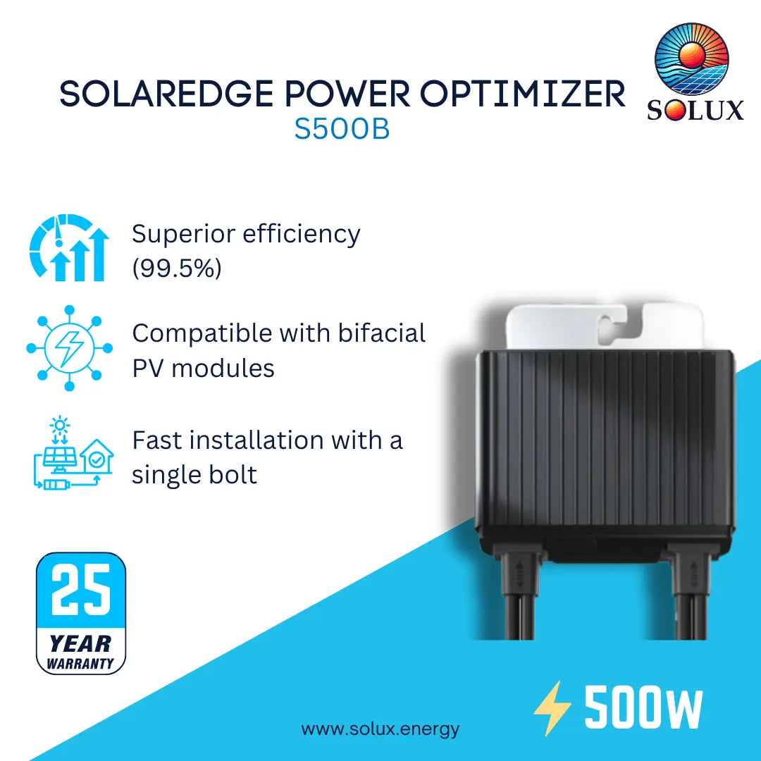 SOLAREdge Power Optimizer S500B by Solux, a 500W black rectangular power adapter with a white top tab and black cables, shown on a white and blue promotional graphic with feature icons and a 25-year warranty badge.