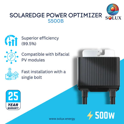 SOLAREdge Power Optimizer S500B by Solux, a 500W black rectangular power adapter with a white top tab and black cables, shown on a white and blue promotional graphic with feature icons and a 25-year warranty badge.