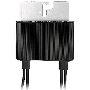 A SolarEdge Power Optimizer device with black casing and connected  cables on a white background