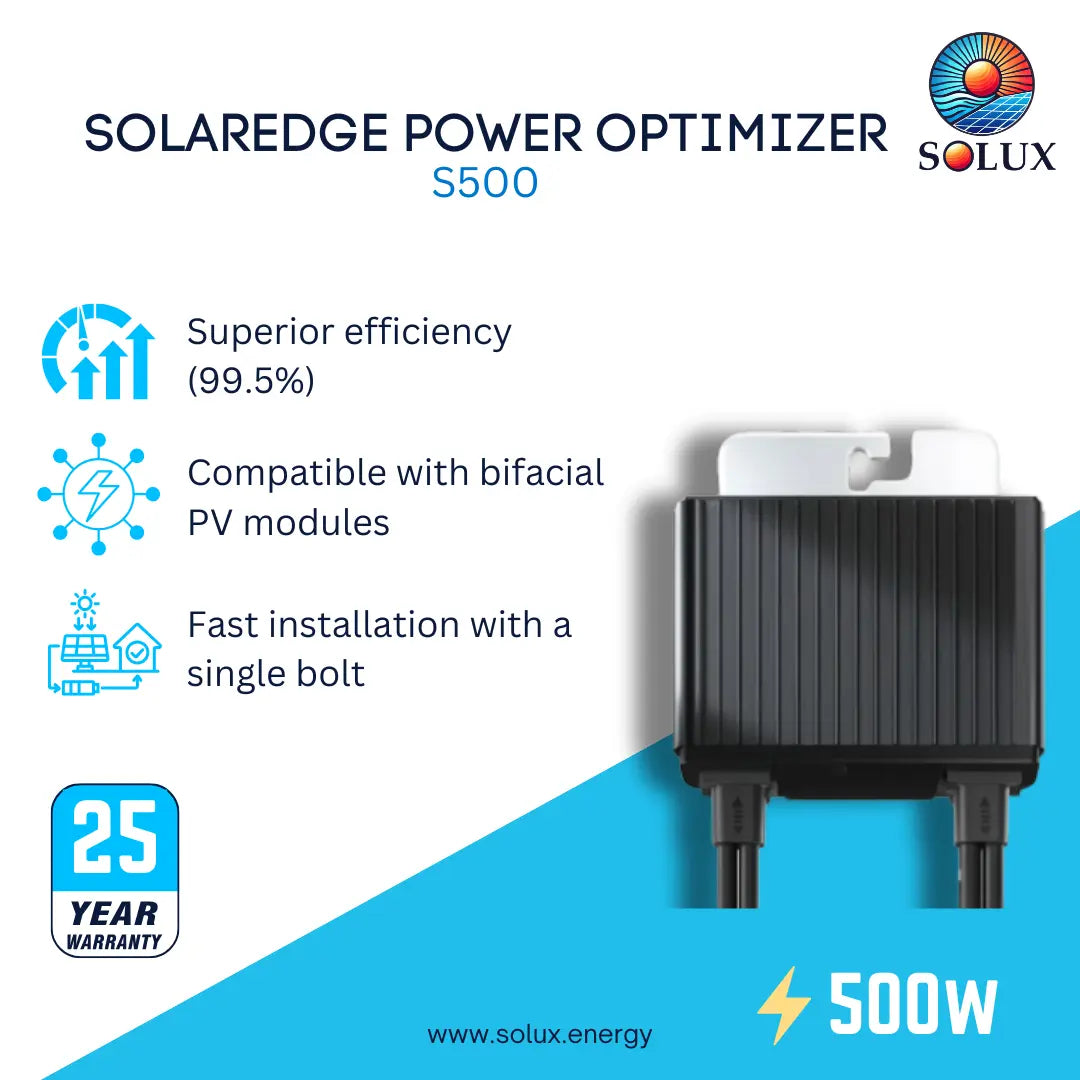 SOLAREdge Power Optimizer S500B by Solux, a 500W black rectangular power adapter with a white top tab and black cables, shown on a white and blue promotional graphic with feature icons and a 25-year warranty badge.