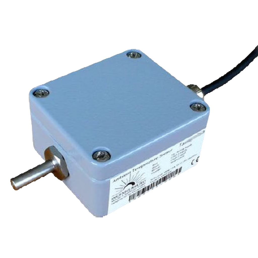 Product image of SolarEdge ambient temperature sensor a rectangular blue sensor with a cable and metallic component on a white background