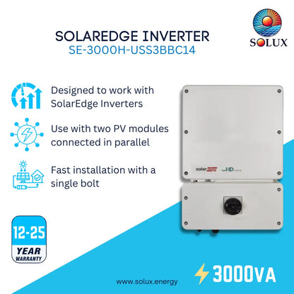 Solux Solaredge Inverter SE-3000H-USS3BB1C14 shown on a white and blue promotional graphic with feature icons, a 12-25 year warranty badge, and the Solux logo.