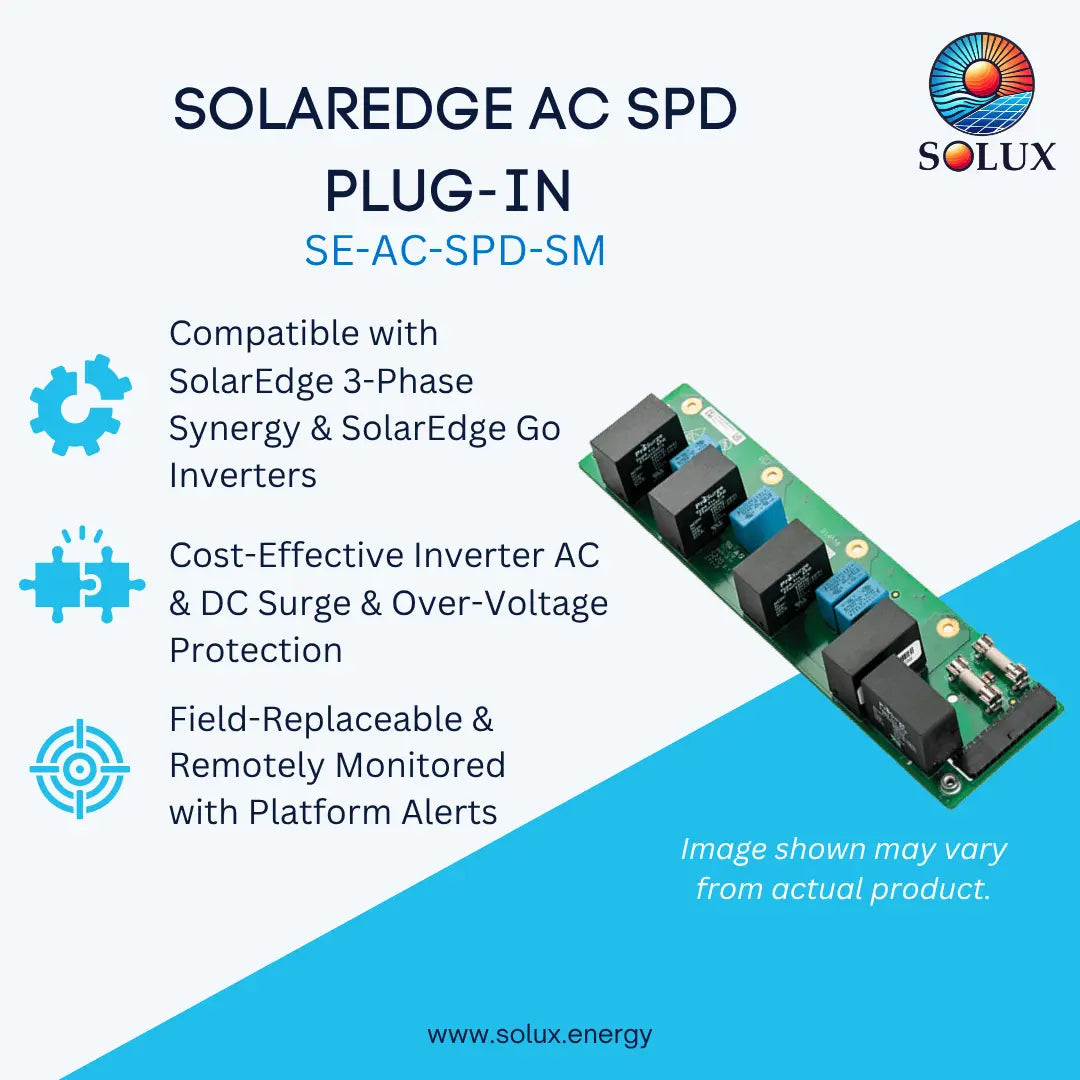Promotional graphic for the Solaredge AC SPD Plug-In (SE-AC-SPD-SM) by Solux Energy, showing a green electronic circuit board with black relays and blue capacitors on a light blue and white background with feature callouts.