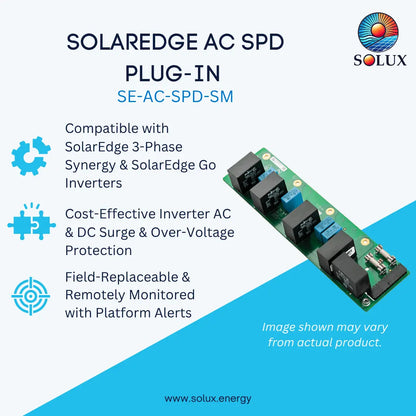 Promotional graphic for the Solaredge AC SPD Plug-In (SE-AC-SPD-SM) by Solux Energy, showing a green electronic circuit board with black relays and blue capacitors on a light blue and white background with feature callouts.