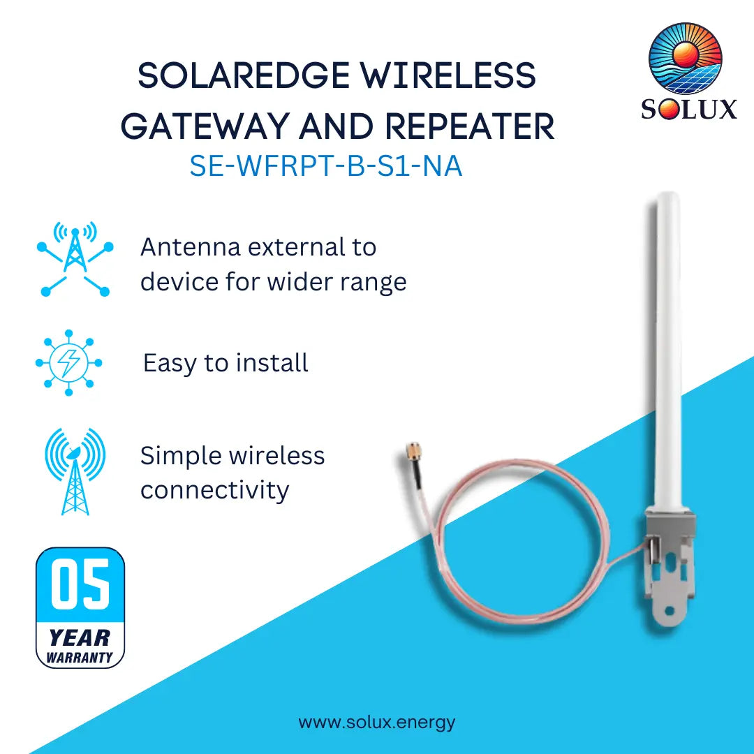 Solux Solaredge Wireless Gateway and Repeater SE-WFRPT-B-S1-NA product graphic showing a long white antenna, a coiled copper wire, and product features on a white and blue background.