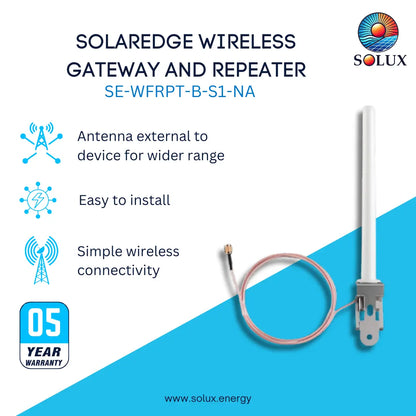 Solux Solaredge Wireless Gateway and Repeater SE-WFRPT-B-S1-NA product graphic showing a long white antenna, a coiled copper wire, and product features on a white and blue background.