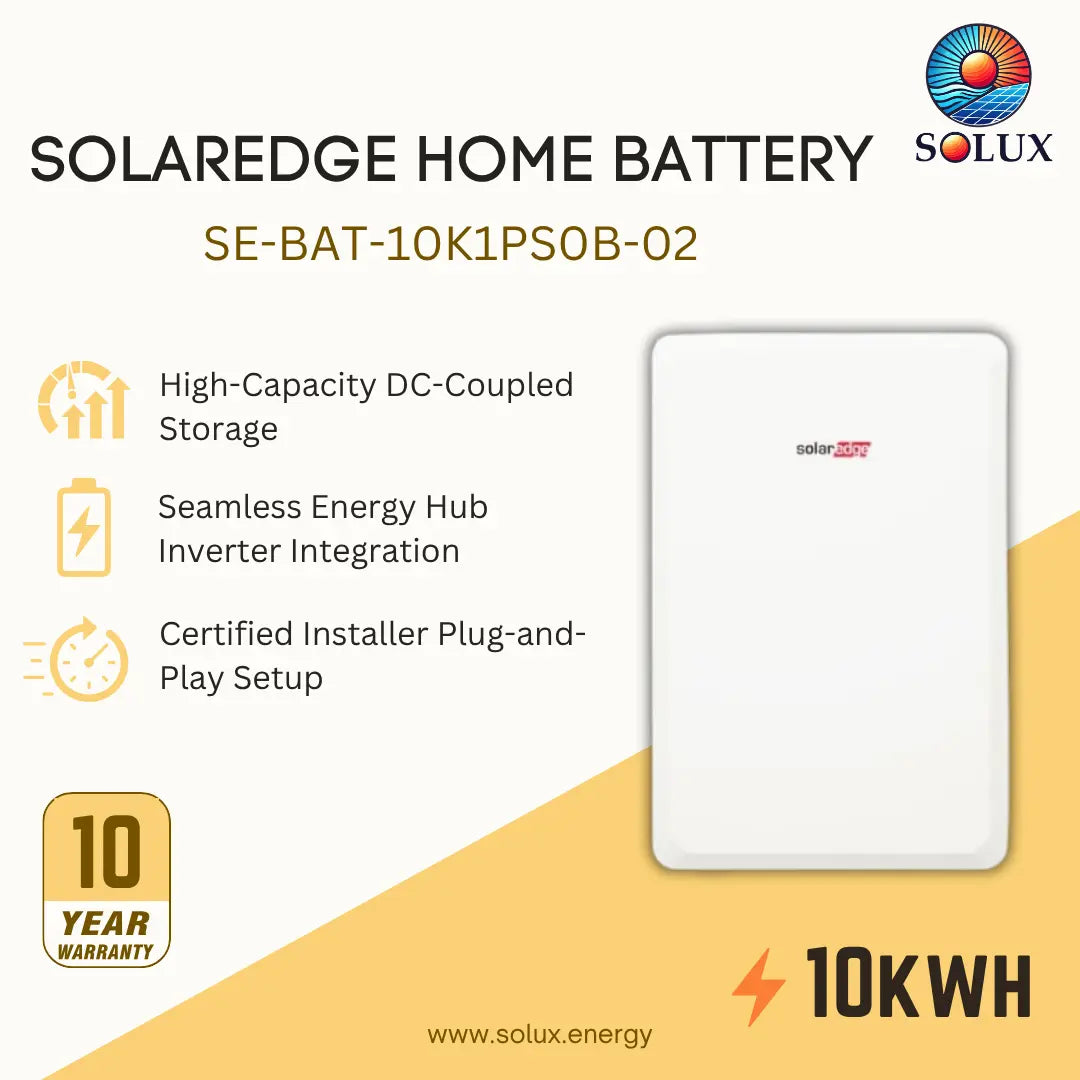 Solux Solaredge Home Battery SE-BAT-10K1PSOB-02 in white, shown on a beige and yellow promotional graphic with feature icons and a 10-year warranty badge.