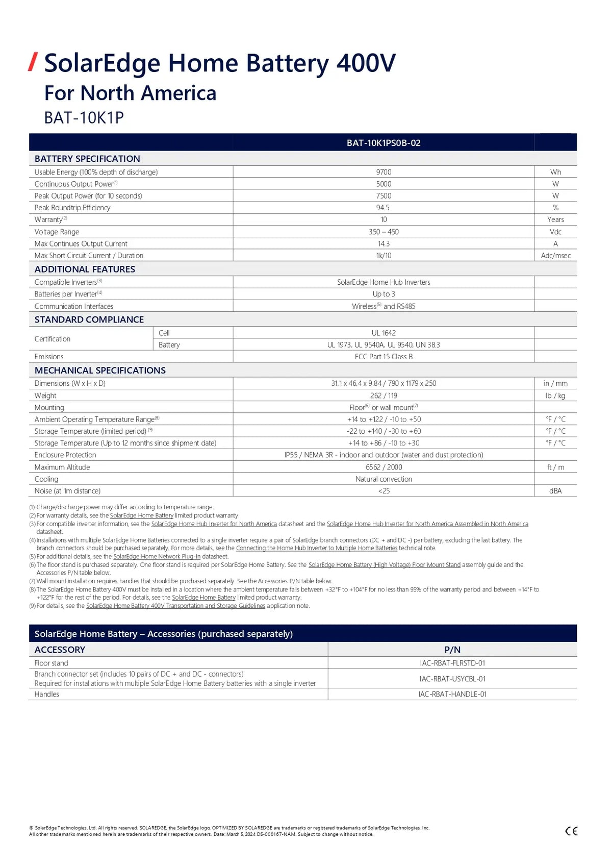 A technical specification and accessories table for the SolarEdge Home Battery 400V, model BAT-10K1P, for North America. The document details battery specifications, additional features, standard compliance, mechanical specifications, and accessory parts including the MC4 connector cable and quick start guide.