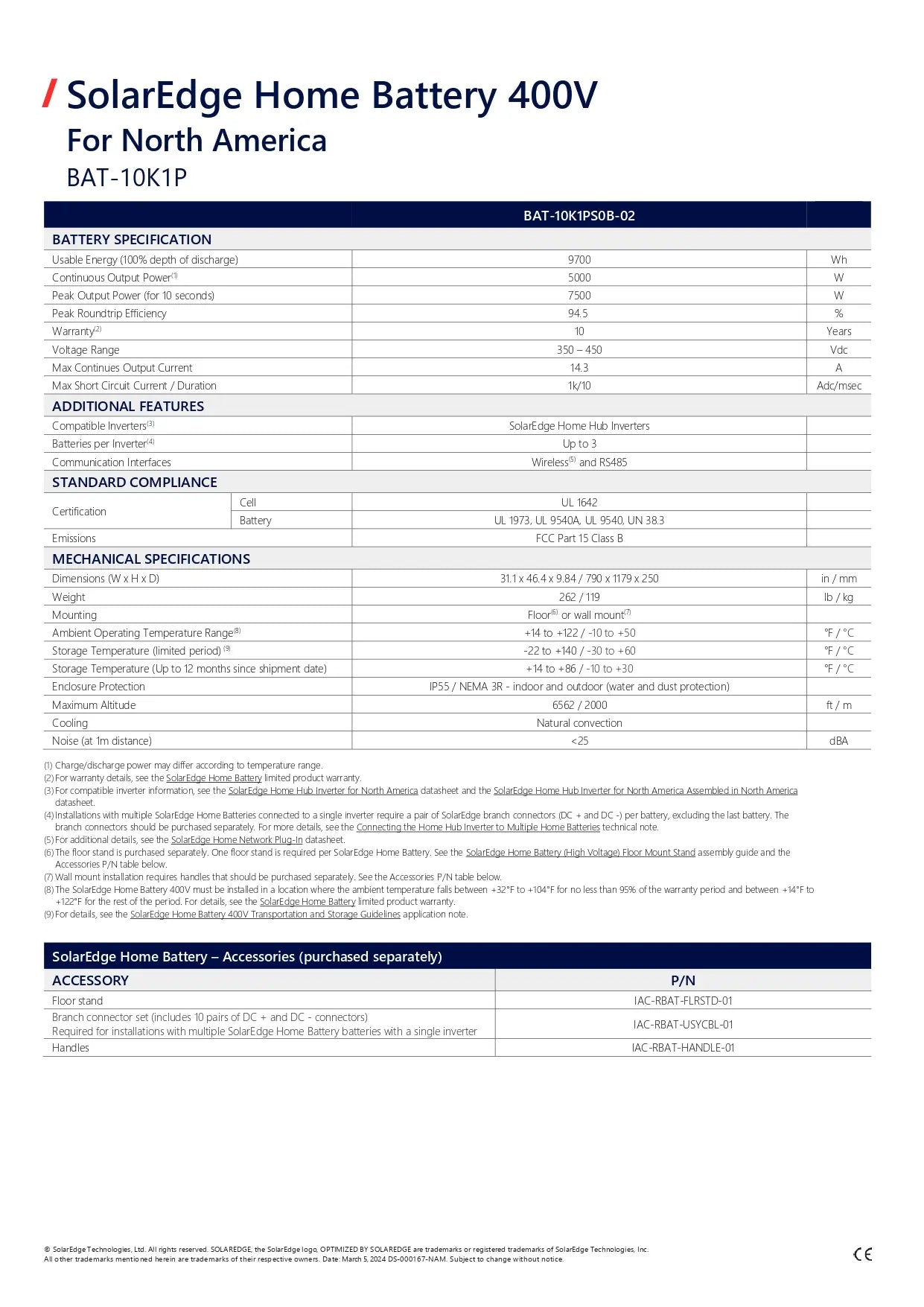 A technical specification and accessories table for the SolarEdge Home Battery 400V, model BAT-10K1P, for North America. The document details battery specifications, additional features, standard compliance, mechanical specifications, and accessory parts including the MC4 connector cable and quick start guide.