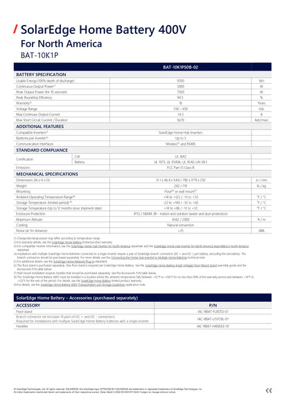 A technical specification and accessories table for the SolarEdge Home Battery 400V, model BAT-10K1P, for North America. The document details battery specifications, additional features, standard compliance, mechanical specifications, and accessory parts including the MC4 connector cable and quick start guide.