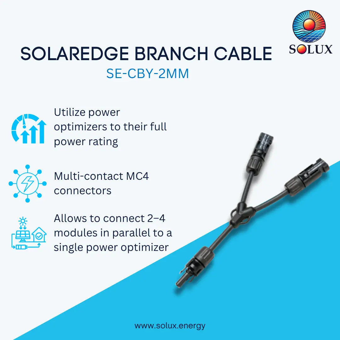 Solux Solaredge Branch Cable SE-CBY-2MM product graphic on a white and blue background, showing the branch cable connector and three feature icons with text about power optimizers, MC4 connectors, and parallel module connection.