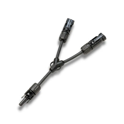A black Y-shaped solar cable connector with three plugs, shown on a clean white background.
