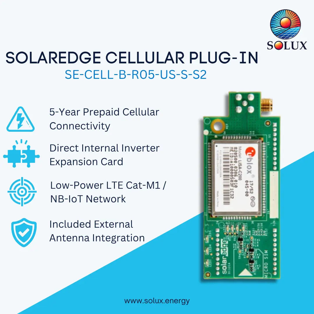 A promotional product graphic for a Solux Solaredge Cellular Plug-In module. The image features a green electronic circuit board with a white SIM card slot on the right, accompanied by text callouts detailing its features (5-year prepaid connectivity, direct internal inverter expansion card, low-power LTE Cat-M1/NB-IoT network, and included external antenna integration) on a white and blue background.