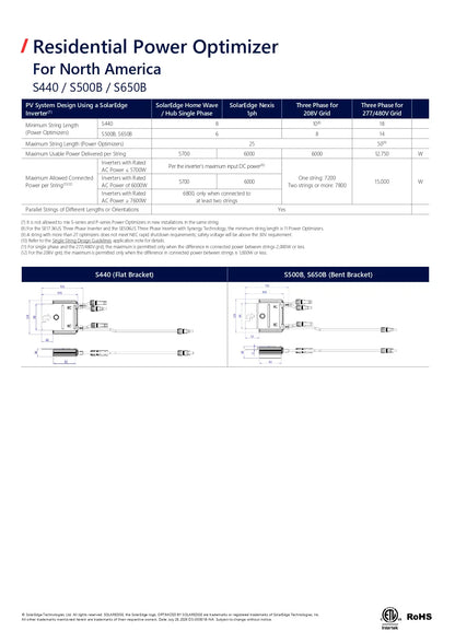 Technical specification and installation diagram sheet for the Residential Power Optimizer for North America (S440 / S500B / S6508B), featuring a data comparison table and wiring diagrams.