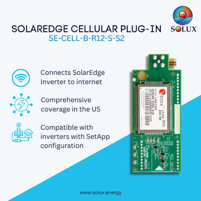 A green SOLUX Cellular Plug-In module for SolarEdge inverters, shown on a blue and white promotional background with product text and icons.