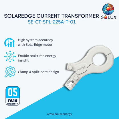 A promotional product graphic for the Solux Solaredge Current Transformer model SECT-SPL-225A-T-20. The white clamp-style transformer is shown on a light gray background with a bright blue diagonal section at the bottom right.
