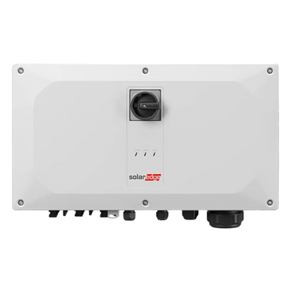 A white SolarEdge solar inverter panel with a black rotary switch and red SolarEdge logo, shown against a plain white background.