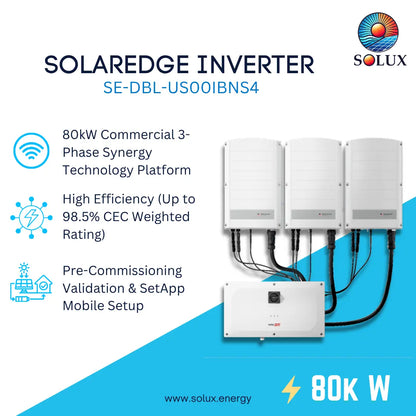 Promotional graphic for the Solux Solaredge Inverter SE-DBL-US00IBNS4, showing four white inverter modules and a white battery storage unit with connected cables. The image includes marketing text highlighting 80kW commercial 3-phase synergy technology, high efficiency, and pre-commissioning validation features, on a blue and white background.