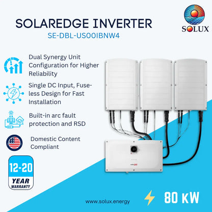 Solux Solaredge Inverter SE-DBL-US001BNW4 shown on a promotional graphic with product specs, icons, and a 12-20 year warranty badge. The inverter consists of three white rectangular panels connected to a separate white control box, with black cables running between them.