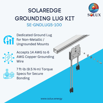 Promotional graphic for the Solaredge Grounding Lug Kit by Solux, model SE-GNDLUG5-100. The image features a product rendering on a white and blue background with key specifications listed on the left, including suitability for non-metallic/ungrounded mounts, acceptance of 14 AWG to 6 AWG copper grounding wire, and a 7 ft-lb (9.